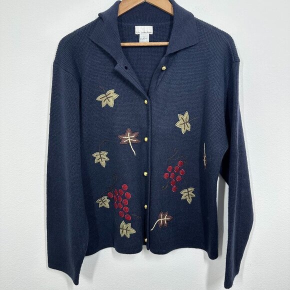 Vintage Navy Harvest Grape Embroidered Button Up Cardigan Cottagecore Size Large - Picture 1 of 6